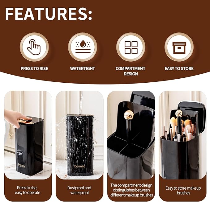 Makeup Brush Holder Organizer, One Touch for Open, Dustproof Make Up Organizer with Lid for Vanity Bathroom Countertop,Black
