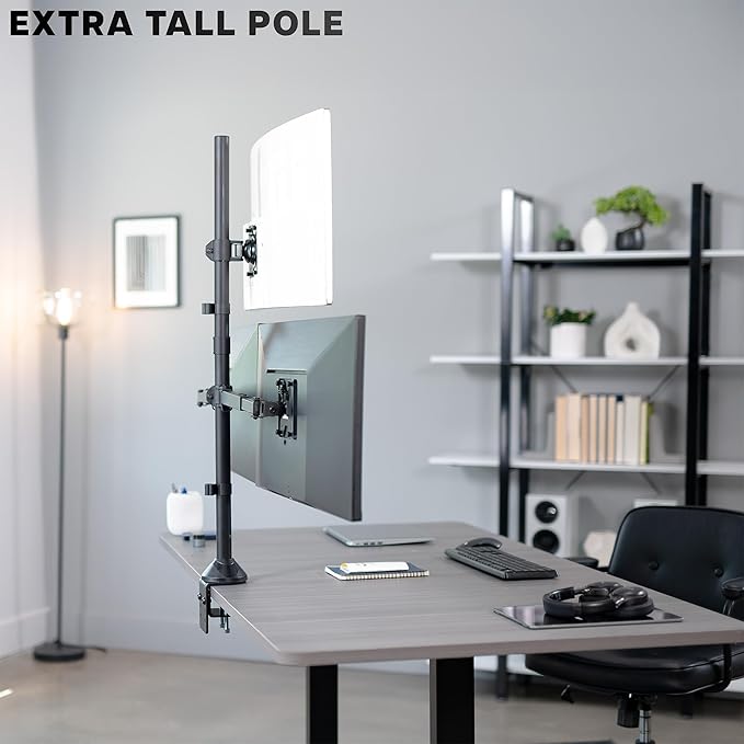 VIVO Premium Triple Ultra Wide LCD LED 27 to 38 inch Monitor Desk Mount, Heavy Duty C-clamp, Extra Tall Pole, Adjustable Telescoping Arms, Flush Wall Setup, Fits 3 Screens, Black, STAND-TS3CT