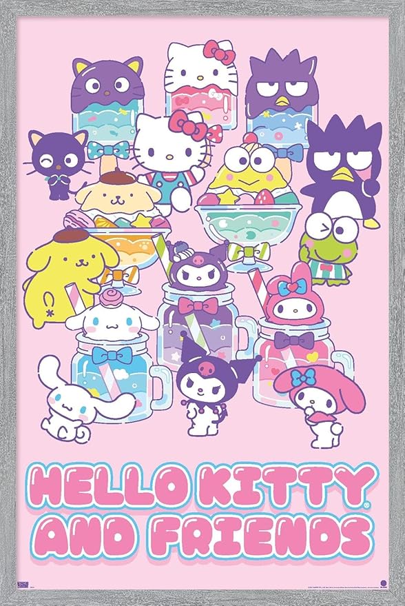 Trends International Hello Kitty and Friends: 24 Summer Fresh - Group Wall Poster, 34L x 22.4W, Gray Framed Version