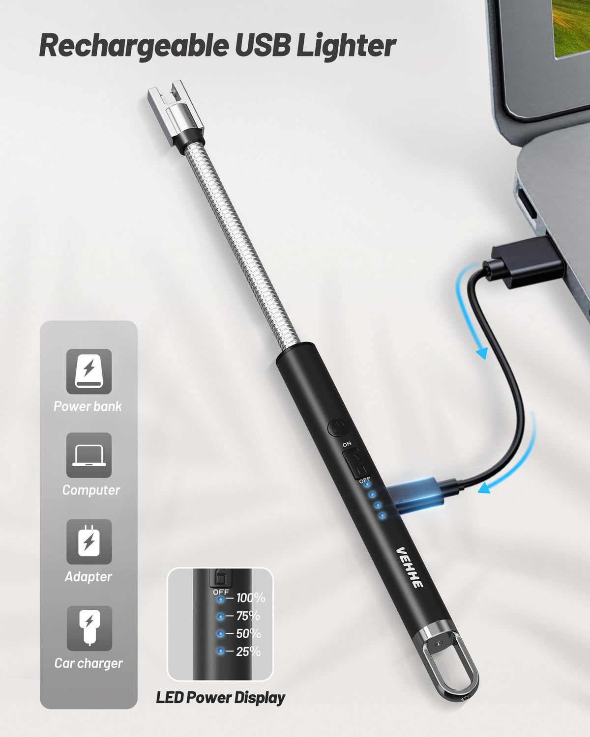 VEHHE Candle Lighter, Electric Rechargeable Arc Lighter with LED Battery Display Long Flexible Neck USB C Lighters for Light Candles Gas Stoves Camping Barbecue