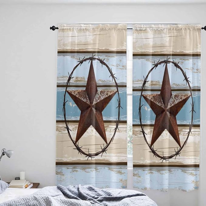 Vintage Western Star on Wood Grain Window Valance Curtains, Retro Wooden