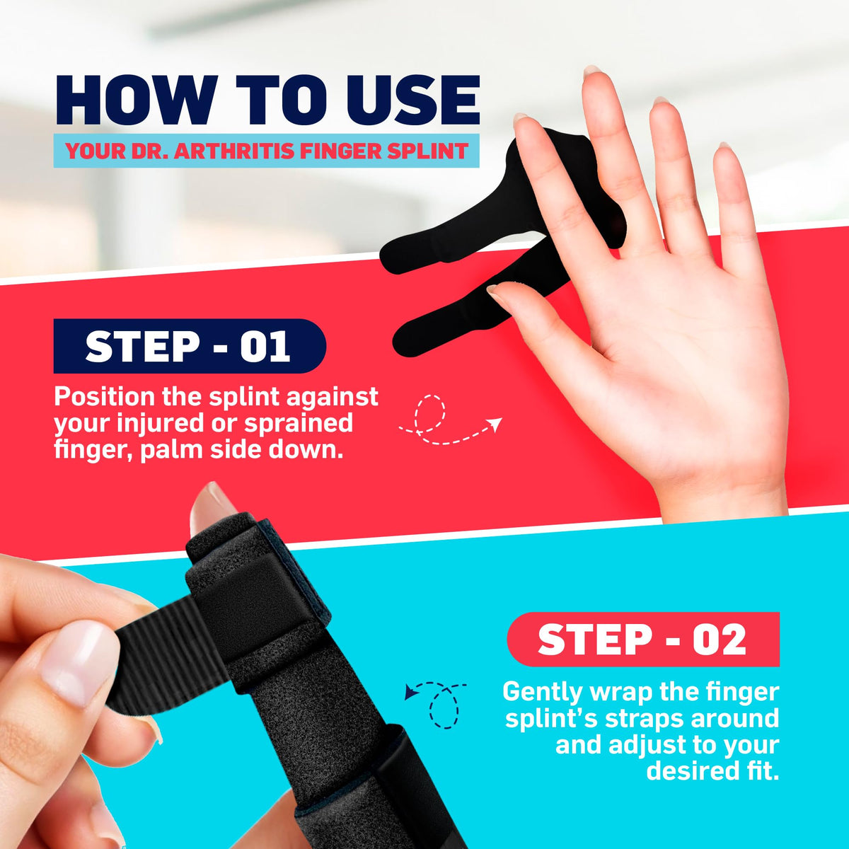 Finger Splint Brace (2 Pack) for Trigger Finger, Finger Arthritis & Finger Pain Relief – Adjustable Compression Finger Support for Sprains, Stiff Joints, Tendonitis & Injury Recovery, Fits Index, Middle, Ring, Pinky Fingers (Black, Regular)