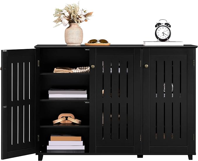 Yaheetech Shoe Storage Cabinet Floor Storage Organizer Wooden Cabinet with 3 Doors Adjustable Shelf for Entryway Living Room Home Office Black