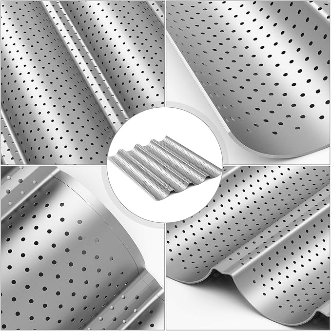 Tiawudi 2 Pack Nonstick Perforated Baguette Pan 15" x 13" for French Bread Baking 4 Wave Loaves Loaf Bake Mold Oven Toaster Pan (Silver)