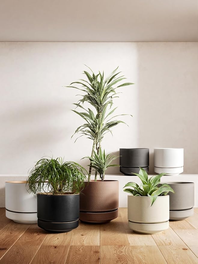 LE TAUCI 12 Inch Pot for Plants with Saucer, Ceramic Indoor Planter Pot with Drainage Hole, Mesh Pad & Plug Included, Matte Glazed Outside, Modern for Home and Office, Obsidian Black & Ochre