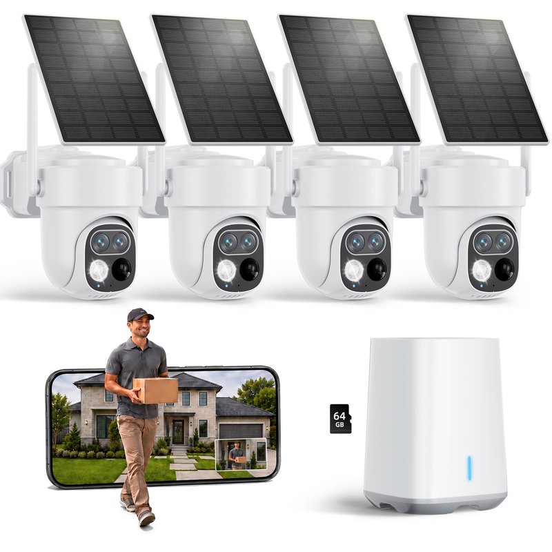 SV3C Security Cameras Wireless Outdoor, No Subscription Fee, 360° PTZ WiFi Camera with 2K Dual Lens, Solar Powered Auto Tracking, Full Color Night Vision, 2 Way Audio, 4-Cam Kit with Hub, Easy Setup