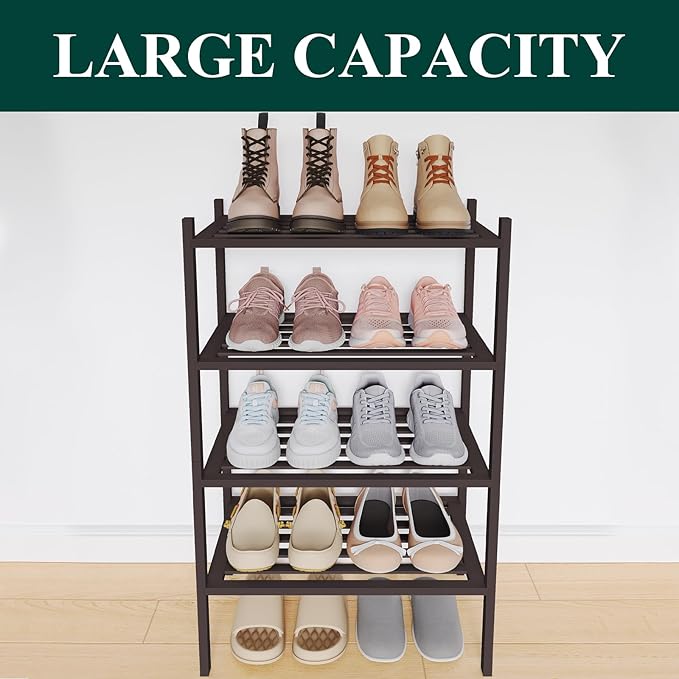 Smiry Small Bamboo Shoe Rack 4-Tier, Stackable Wooden Shoe Organizer for Entryway & Closet, Free Standing Wood Shoe Storage Shelf for Front Door & Small Spaces, Brown