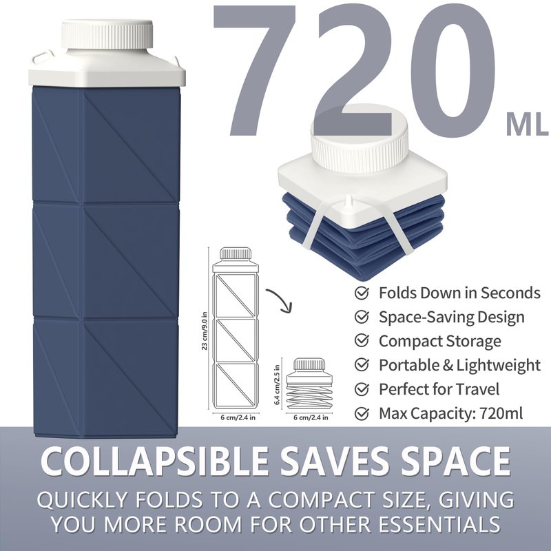 BEAUTAIL Collapsible Water Bottles 24.3oz (720ml), Foldable Travel Water Bottle, Portable & Lightweight, Leakproof & Reusable for Traveling Camping Hiking Sports Outdoor School Office, 1 Pack, DKBL