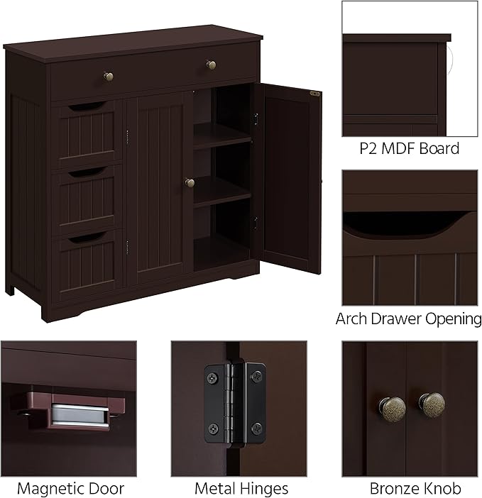 Yaheetech Bathroom Floor Cabinet, Large Storage Space Wooden Organizer with 1 Big Drawer, 3 Small Drawers & 2 Doors, Free-Standing Cupboard for Kitchen/Living Room/Bathroom Use, Espresso