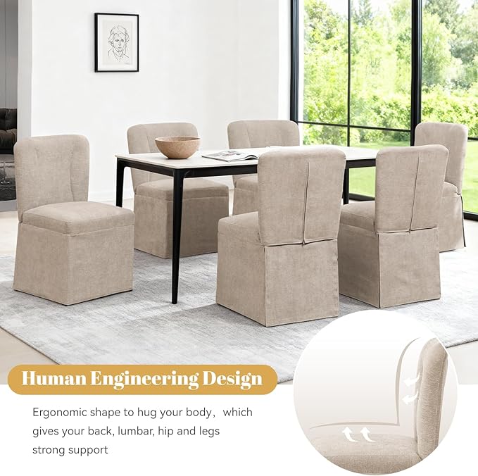 Modern Dining Chairs Set of 6, Upholstered Kitchen Table Chairs, Linen Dining Room Chairs with Metal Frame, Khaki