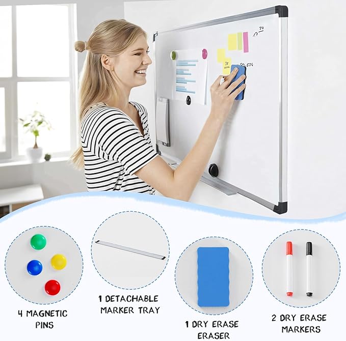 NEWBULIG Magnetic Dry Erase Board, 36" x 24" Large White Board for Wall with 1 Dry Eraser & 2 Multicolor Markers & 4 Magnetic Pins, Silver Aluminum Frame for Office, Home, School