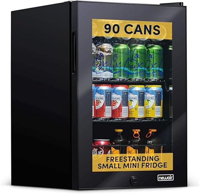 NewAir 90 Can Beverage Refrigerator | Freestanding Small Mini Fridge for Bedroom, Home Bar or Office | Adjustable Shelves, Quiet Cooling & Locking Door | Black