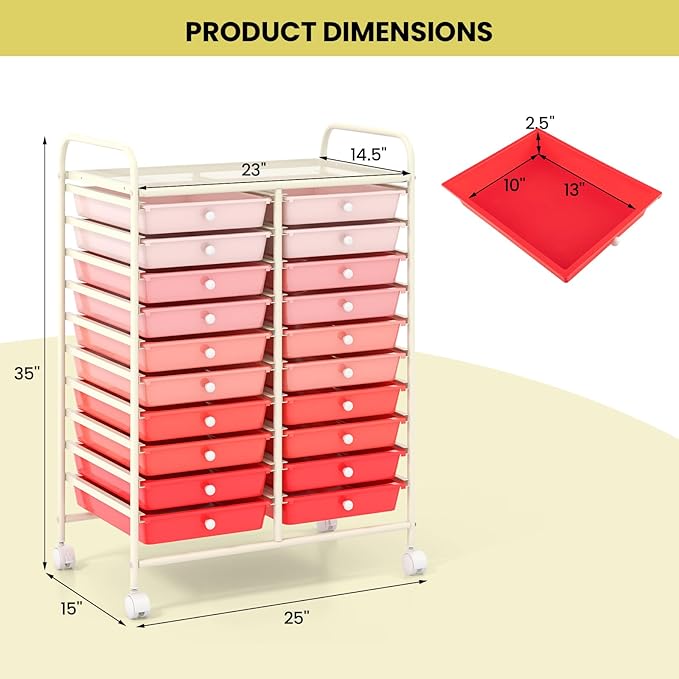 COSTWAY 20-Drawer Rolling Storage Cart, Utility Storage Organizer Cart for Tools, Scrapbook, Paper, Craft, Multipurpose Storage Trolley on Wheels for Home Office School, Mixed Pink