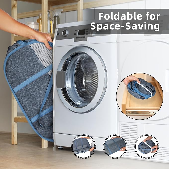 100L Collapsible Laundry Baskets, Tear Proof Pop Up Laundry Hamper with Dual Handles, Large Foldable Laundry Basket, Easy to Carry Laundry Hamper for Home, Laundry Room, Bedroom, Dorm, Travel Blue