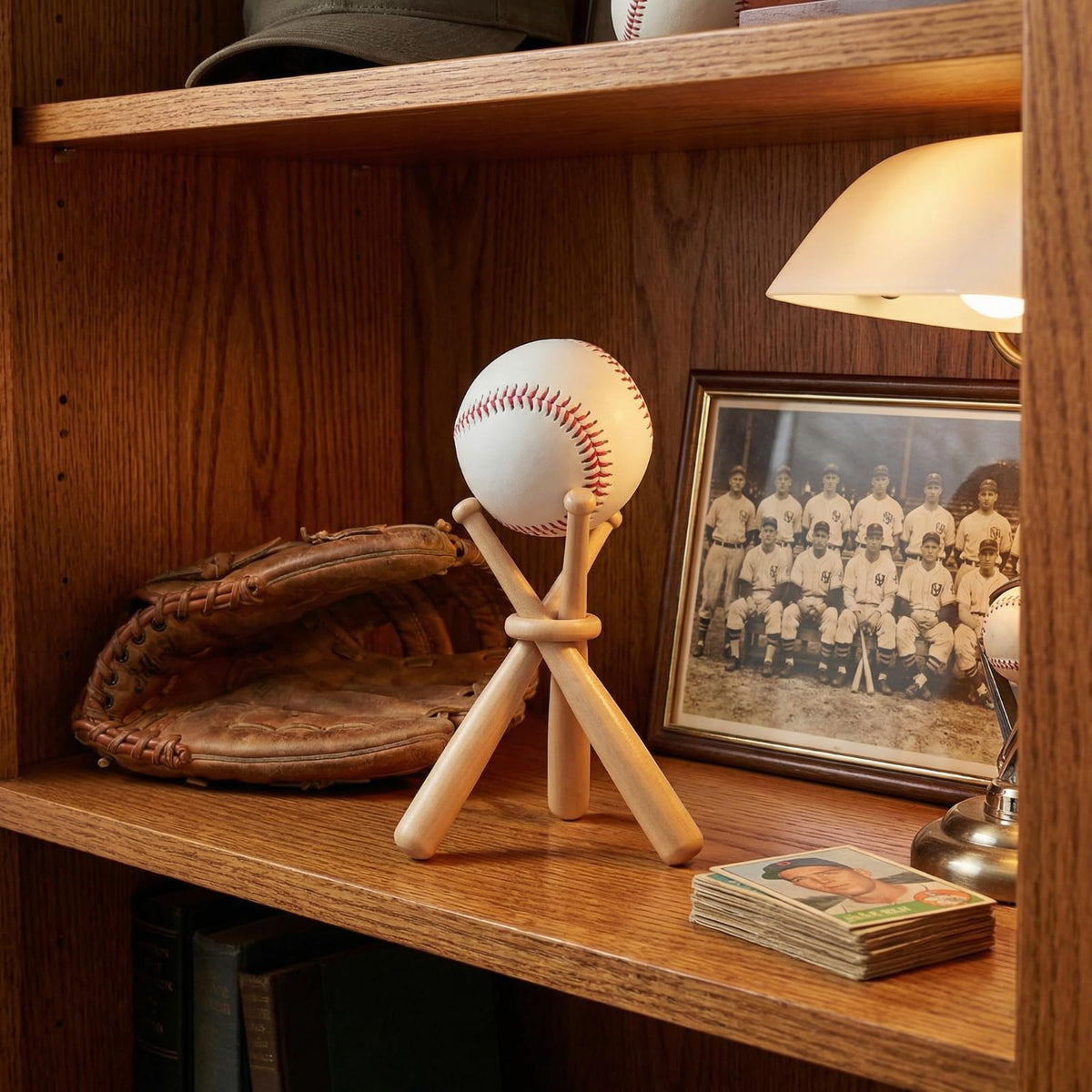 Honoson Baseball Stand Holders Balls Display Bat Wooden Stand Holder Display Centerpieces Tables for Baseball Sports Lover(1 Pack)