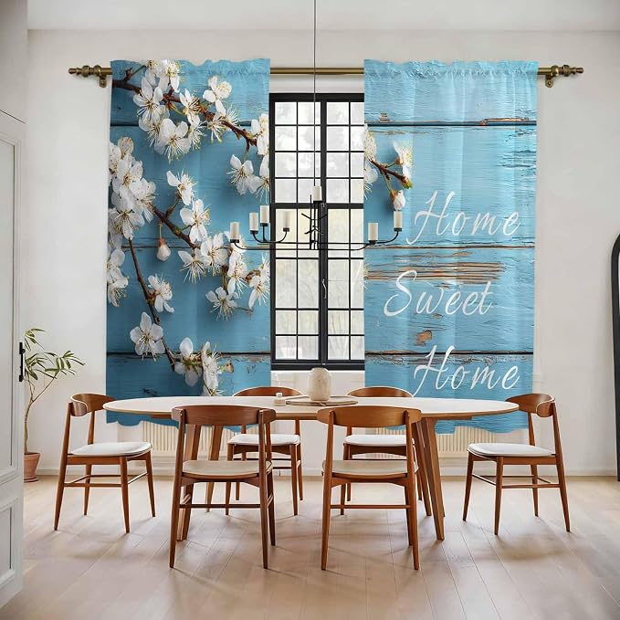 Farmhouse Wooden Grain Kitchen Curtains, Vintage Shabby Chic Flower Blue Light