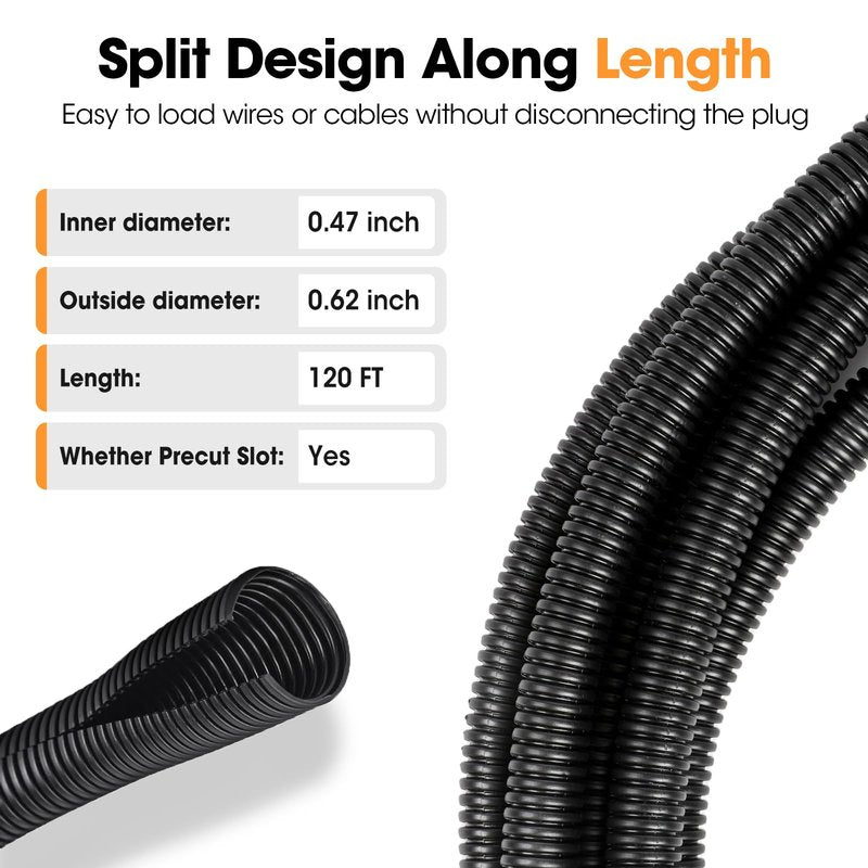 120 FT Wire Loom 1/2 Inch, Split Wire Loom Tubing Wire Conduit, Wire Protector Tubing – Black