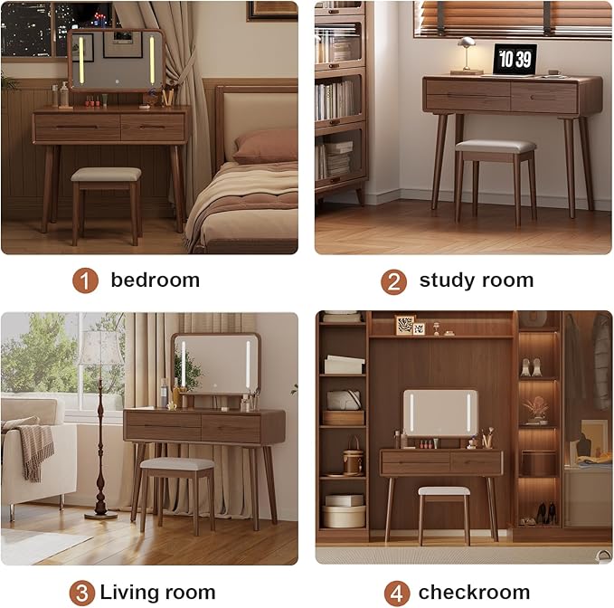 KungFuWood Soild Wood Makeup Vanity Desk with Light Mirror, Dressing Table Wooden 3 LED Lighting Modes Adjustable,3 Drawers Dresser Make up Table Height-Adjustable Mirror, for Bedroom (with Adapter)