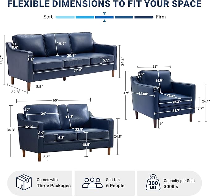 Kingfun Living Room Furniture Sets, 3 Seater Couch, Armchair and Loveseat, Mid Century Modern Sofa Set, Faux Leather Couch with Solid Wood Frame for Living Room & Bedroom, Royal Blue