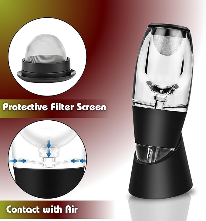 AMERICANISTA Red Wine Aerator- Wine Pourer- Decanter- Premium Wine Aerator with Stand - Decanter Aerating Spout with Filter for any type of Bottle or Glass- Oxygenator Accessory for Wine