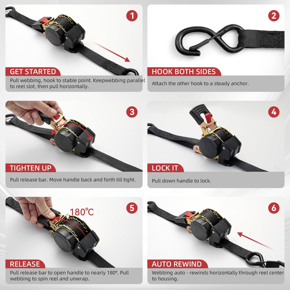 Heavy Duty Retractable Ratchet Tie-Down Straps 1800 lbs, 1in × 10ft Auto Retract Tie Downs with Zinc S-Hooks, Cargo Straps for Trucks, Trailers, Roof Racks & Moving, 2 Pack, Black