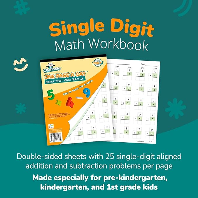 Channie’s One Page A Day Single Digit Addition & Subtraction Workbook for Pre-Kindergarten - 1st Grade Elementary School Students, Single Digit Math Practice, 50 Pages
