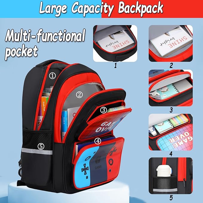 Kids Backpack For Boys, Gamer Boys Backpack with Lunch Box and Pencil Case For Children Teens Elementary Middle School, Mochilas Escolares Para Niños