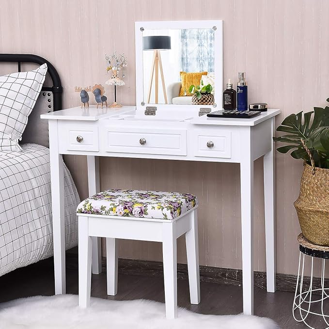 CHARMAID Makeup Vanity Desk with Flip Top Mirror, 3 Drawers, 7 Storage Compartments, White Writing Desk Dressing Table Vanity Set with Cushioned Stool for Kids Girls Women, Easy Assembly