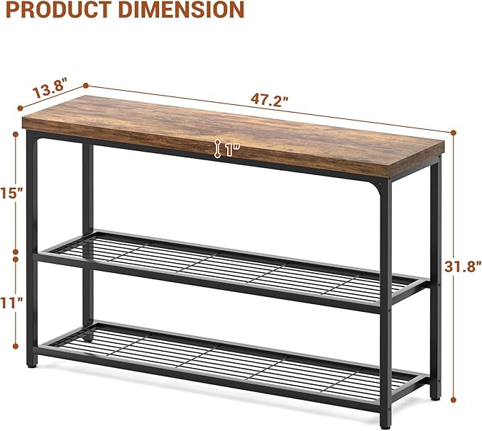 47" Console Table with Storage, 3-Tier Narrow Entryway Table, Sofa Table with Mesh Shelves, Console Tables for Living Room, Bedroom, Hallway, Entryway, Foyer, Rustic Brown