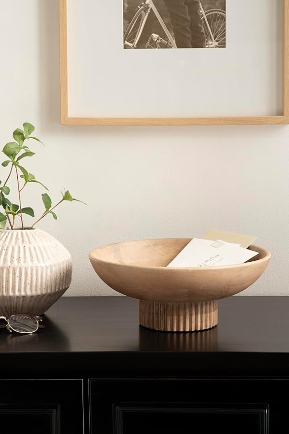 Kate and Laurel Rooks Modern Decorative Ribbed Wood Bowl, 12 Inch Diameter, Light Natural, Transitional Raised Fruit Bowl for Kitchen Counter or Use as Living Room or Entryway Table Decor