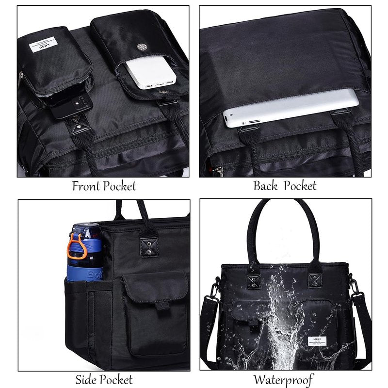 LMGO Large Utility Tote Bag with Multi-pockets and Compartment for Women, Crossbody Shoulder Bags with Zipper for Work, Travel Essentials for Nurse Teacher Carry On - Black