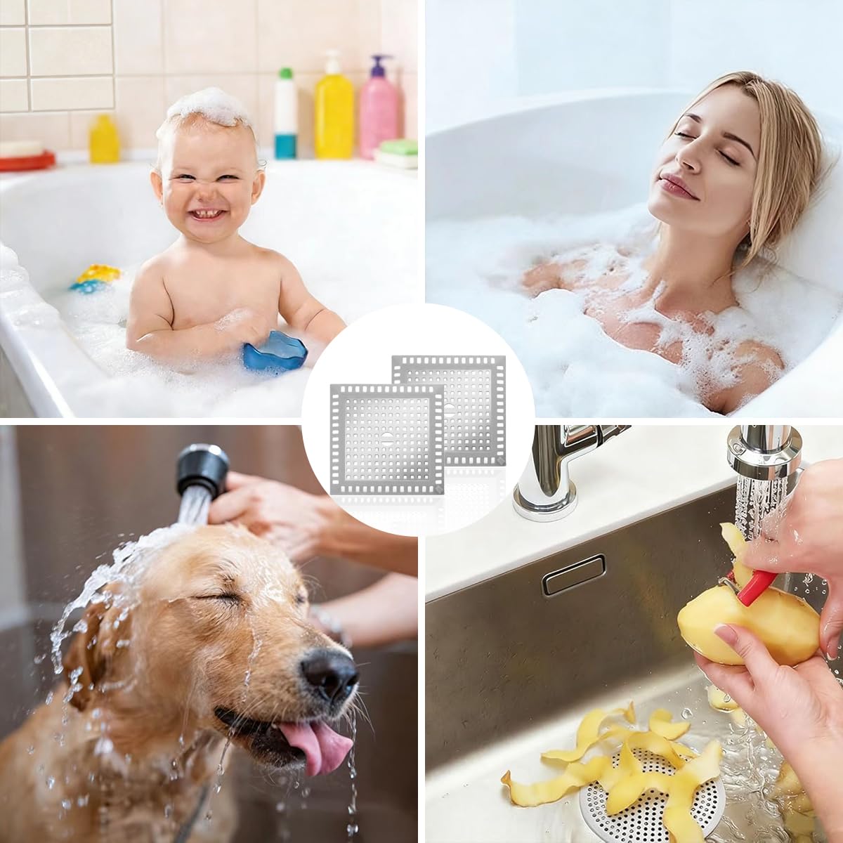 Folklyzo Drain Hair Catcher, 2pcs Square Shower Drain Cover for Bathroom, Drain Strainer, Stainless Steel and Silicone (Square)
