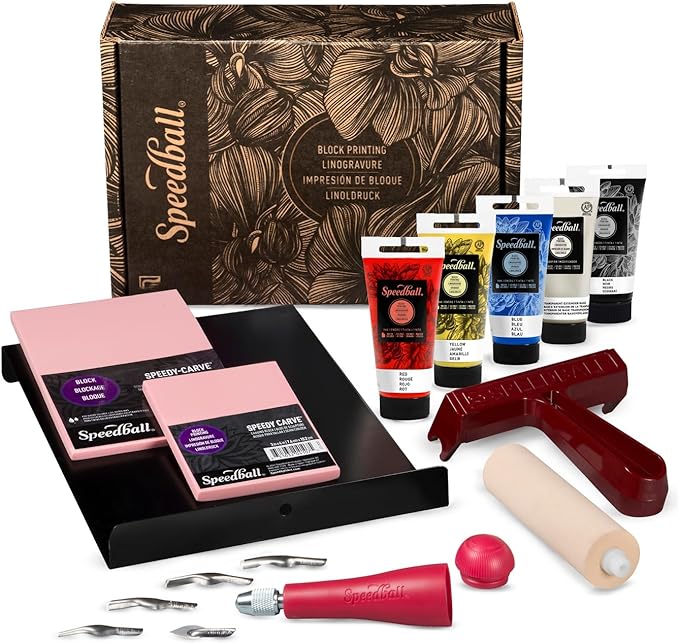 Speedball Deluxe Block Printing Kit - Includes Inks, Brayer, Bench Hook, Lino Handle and Cutters, Speedy-Carve Block, Mounted Linoleum Block (3472)