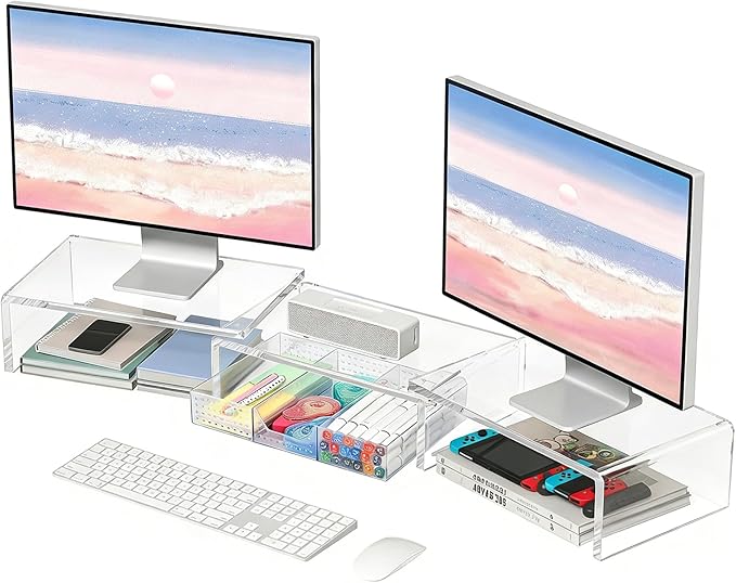 OPNICE Clear Acrylic Desk Organizers and Accessories, Dual Monitor Stand Riser with Drawer, Desk Shelf Computer Racks for Office Workspace Organizers, Desktop Organization