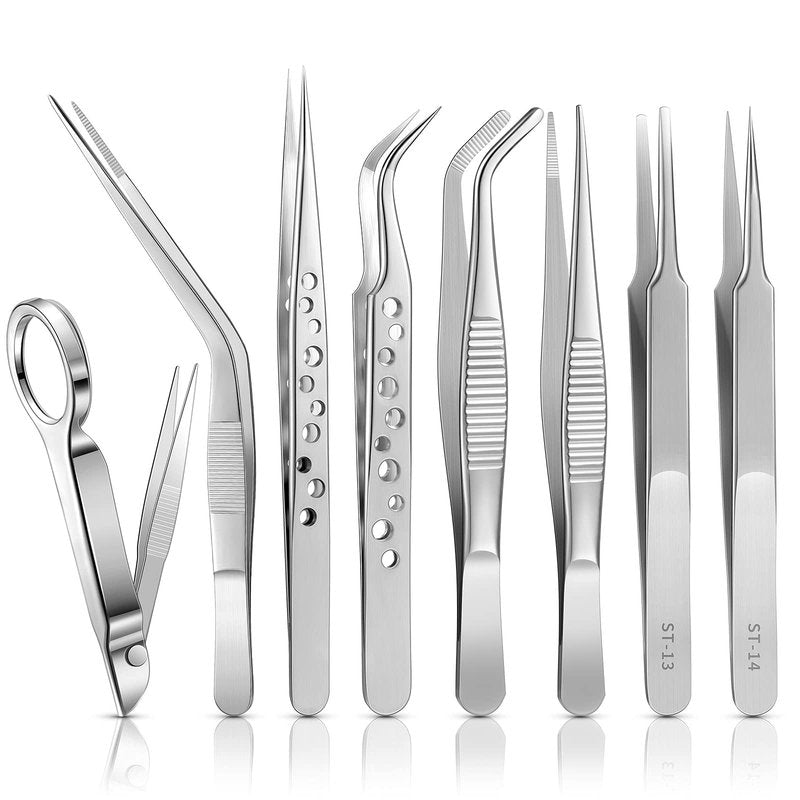 8 Pcs Tweezers Set Stainless Steel Tweezers Forceps with Magnifying Glass Straight Fine Point Forceps Curved Round Flat Tip Tweezers 9 Holes Straight Curved Tip Tweezers for Beauty Craft (Simple)