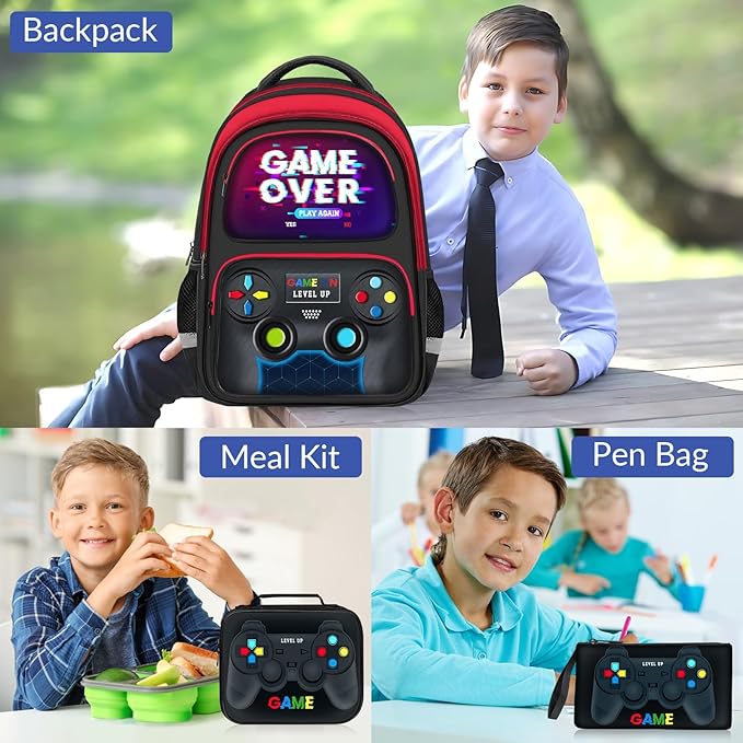 School Backpack for Boys - 3pcs Gamer Boys Backpack with Lunch Box Set for Kids Teens Elementary Middle School - 17″ Video Game Bookbag Travel Back Pack for Age 6-18