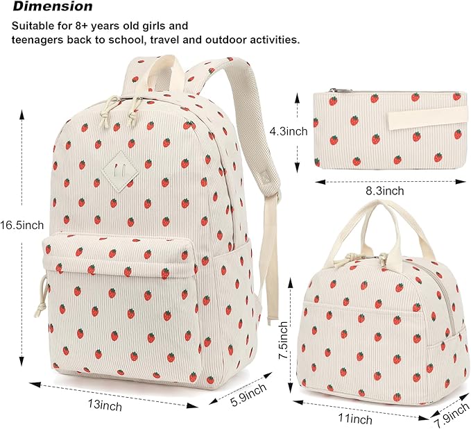 Corduroy Girls Backpack Set, 3PCS School Backpacks for Kids Elementary Middle School Bags with Lunch Box Pencil Case (Beige Corduroy Strawberry)