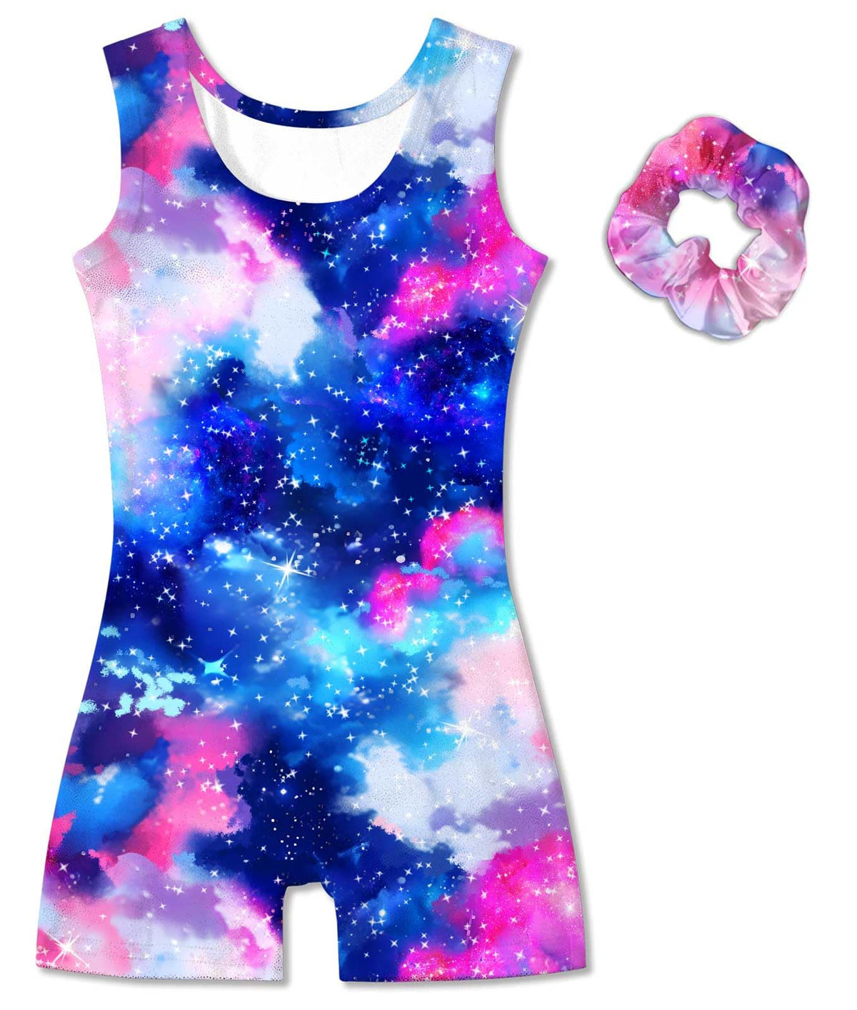 Vogseek Sparkly Gymnastics Leotards for Girls 6 7 Years Cute Galaxy Shiny Ballet Dance Unitards Biketards with Hair Scrunchie Kids Tumbling Shorts Activewear Clothes, Rainbow Stars