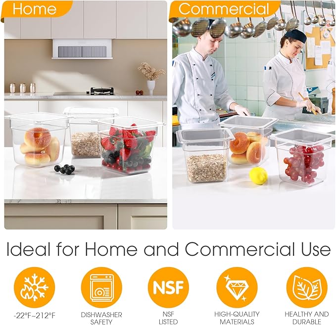 CAZACHEF 12-Pack NSF Polycarbonate Food Pans, 1/6 Size 6" Deep Commercial Food Storage Containers, Clear Plastic Steam Table & Prep Pans for Buffet, Salad Bar, Restaurant, Dishwasher & Freezer Safe