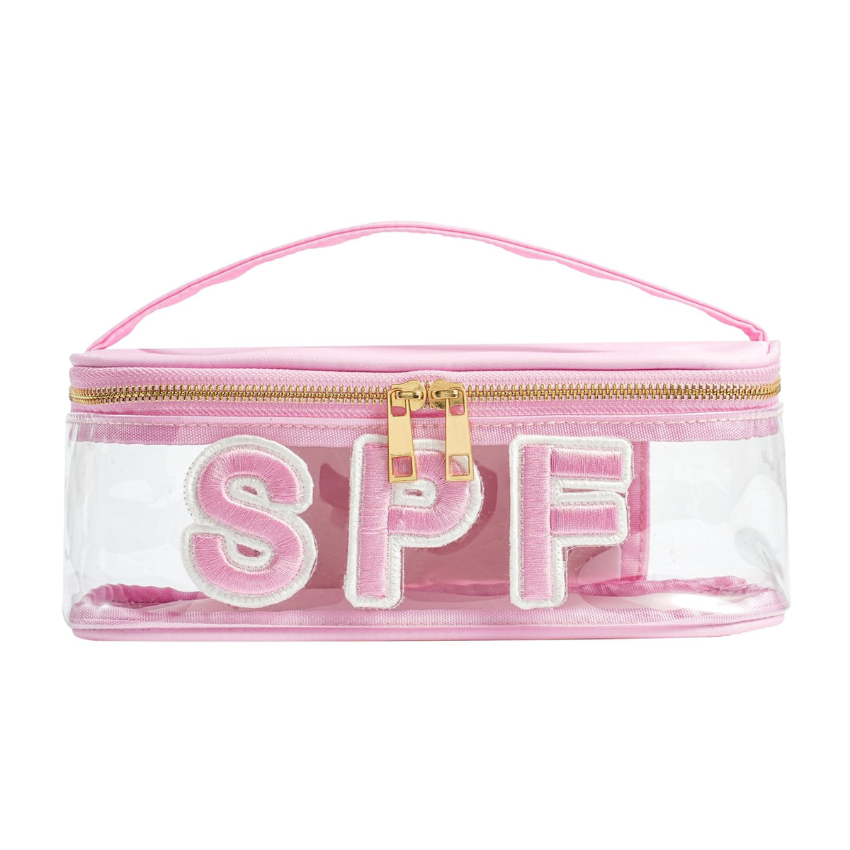 RSRSLEII Clear Waterproof Summer SPF Makeup Bag，Aesthetic Transparent Letter Patch Cosmetic Bag with Metal Zipper, Preppy Sunscreen Accessories Storage Organization, Beach Travel Purse(01SPF Pink)