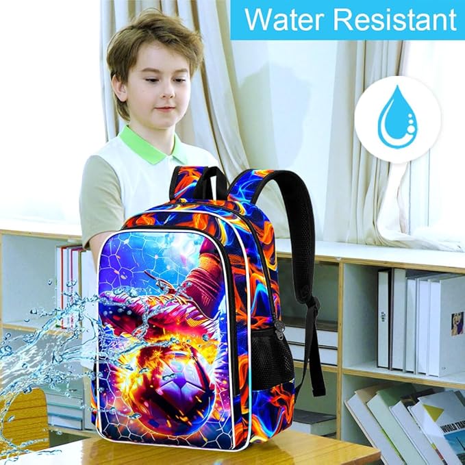 KLFVB 3PCS Boys Bookbag, 17" Kids Football Backpack and Lunch Box, Water Resistant Teenagers School Backpacks for Middle Elementary - Strike Fire Soccer