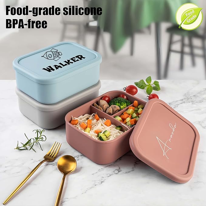 Blireana Custom Silicone Bento Box | Personalized Lunch Box with Engraved Name/Logo | Lunch Containers for Work Travel Outdoor with 3 Compartment