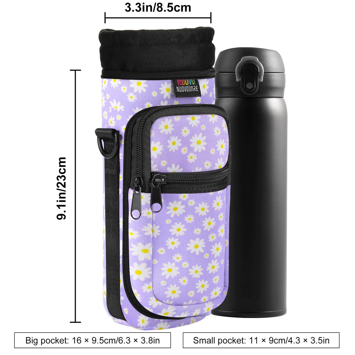 Nuovoware Water Bottle Carrier Bag, 25oz/32oz Bottle Pouch Holder, Adjustable Shoulder Hand Strap 2 Pocket Sling Neoprene Sleeve Sports Accessories for Hiking Travelling Camping, PurpleDaisy