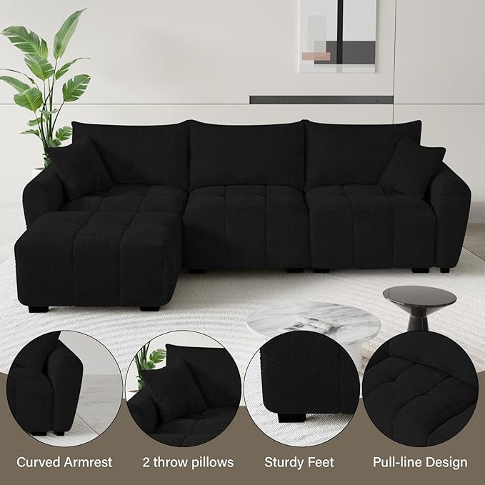 110" L Shaped Modern Boucle Sofa Modular Sectional Cloud Couch with Ottoman, Tufted 4-Seat Deep Seat Sofa with Pillows for Living Room, Bedroom and Apartment, Black