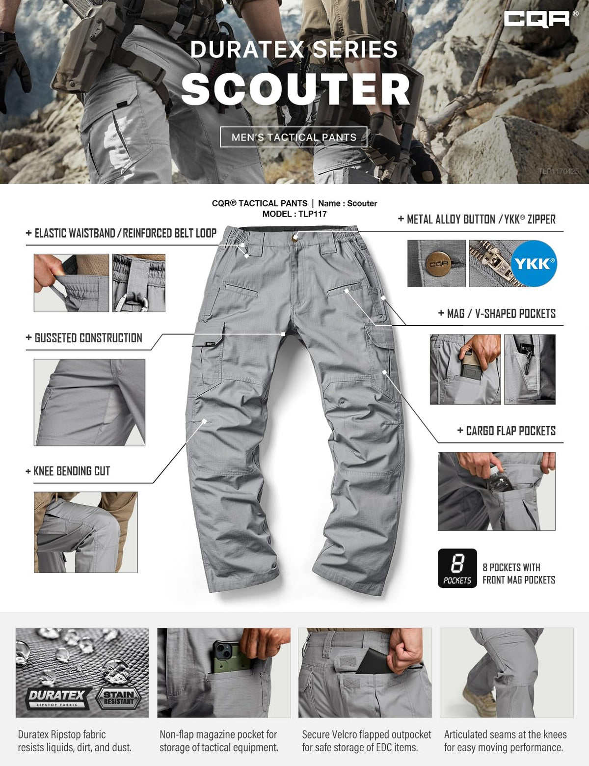 CQR Men's Tactical Pants, Water Resistant Ripstop Cargo Pants, Lightweight EDC Work Hiking Pants, Outdoor Apparel, Raider Stone, 32W x 32L