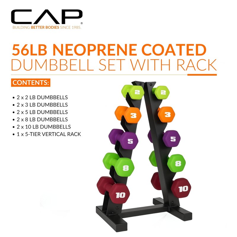 CAP Barbell 56 LB Set of Neoprene Dumbbells with Rack Color Series | 2, 3, 5, 8, 10 LB pairs