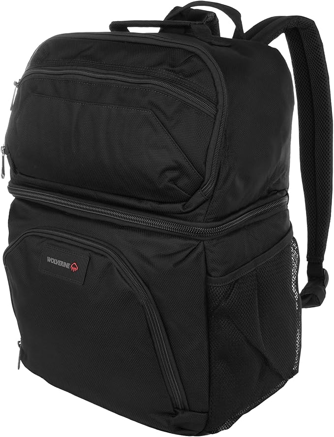 Wolverine 36 Can Cooler Backpack with Durable Nailhead Nylon, Dual Compartment Cooler & Dry Storage, Padded Mesh Back Panel, & Exterior Water Bottle Pockets