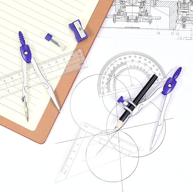 Math Geometry Kit Sets 10 Piece Student Supplies with Shatterproof Storage Box,Includes Rulers,Protractor,Compass,Eraser,Pencil Sharpener,Lead Refills,Pencil,for Drafting（Purple）