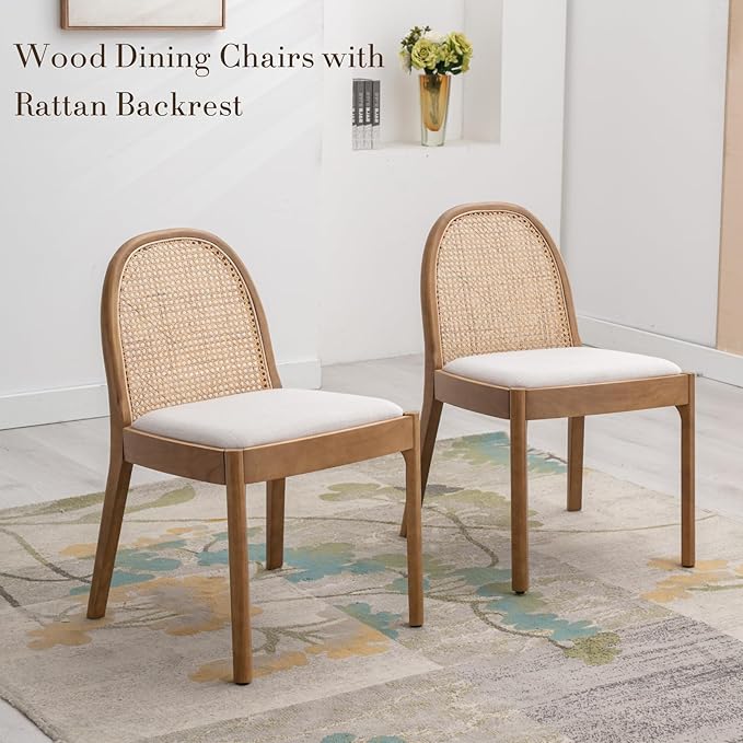 HEAH-YO Rattan Dining Chairs Set of 2, Upholstered Linen Dining Room Chairs with Backrests, Modern Kitchen Chairs with Wood Legs for Dining Room, Beige