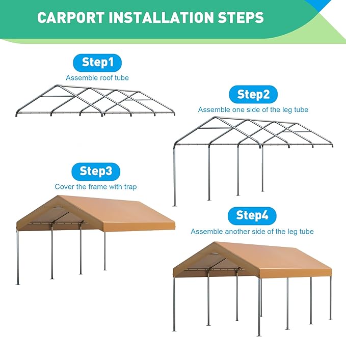 12x20FT Carport, Car Canopy, Portable Garage, Easy to Assemble, Carport Canopy 12x20FT Heavy Duty for Car, Bike, Boat, Party (Khaki)